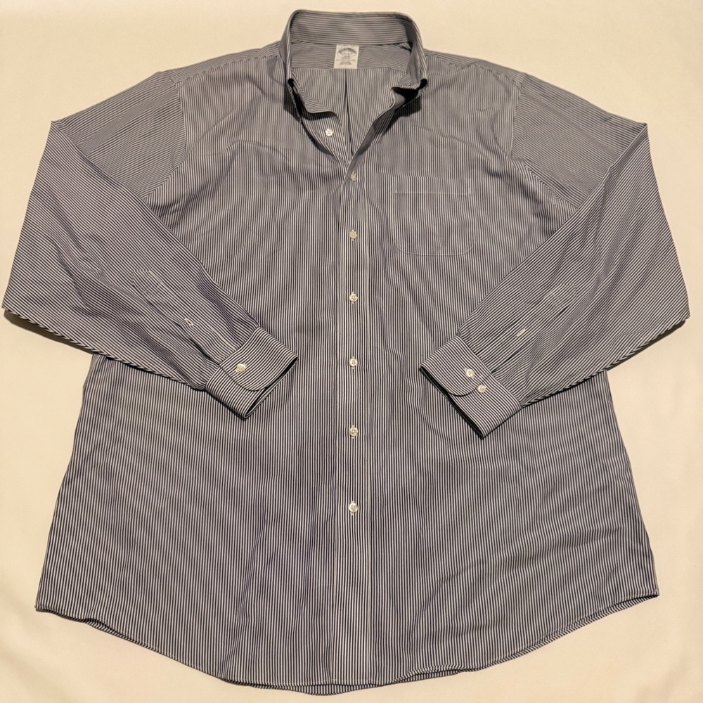 Brooks Brothers Button Down Mens 17.5 Blue White Striped Regent Non-Iron Shirt